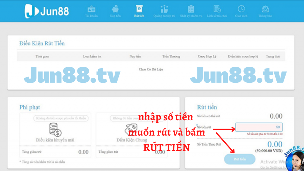 Rút tiền liền tay tại nhà cái Jun88